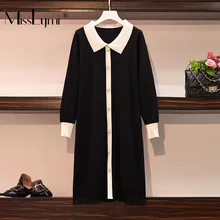 L-4XL размера плюс женское элегантное черное вязаное платье зима Питер Пэн воротник длинный рукав Жемчуг однобортное женское платье