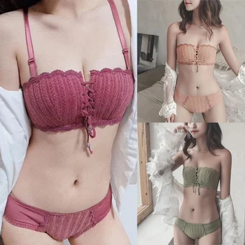 

Sexy Bra Set For Women Push Up Bra Set Anti-Slip Anti-light Lace Up Gathe Half Cup Lace Side Embroidery Wire Free Padded Bra Set