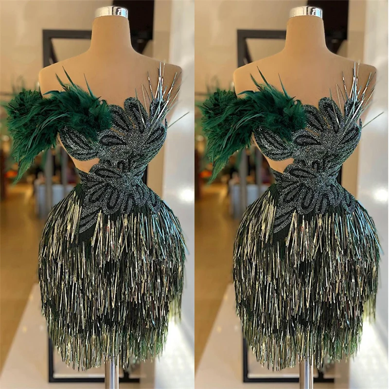 FeatherEmeraldGreenCocktailDressesSequinsLaceAppliquesMini