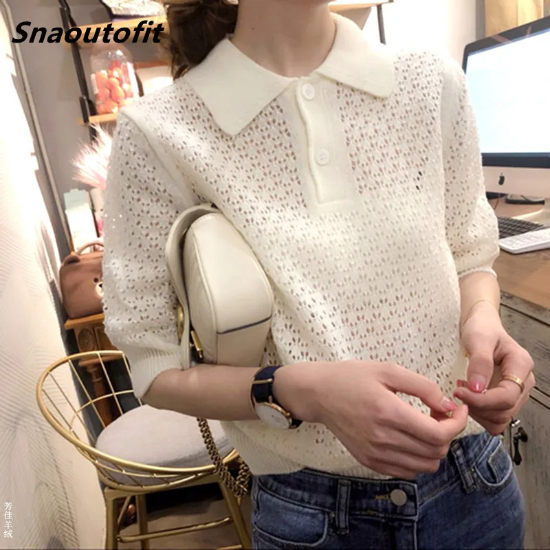 Summer High Quality New Style Cotton T-Shirt Short-Sleeved POLO Sweater Five-Point Sleeve Female Hollow Lapel Loose Pullover | Женская