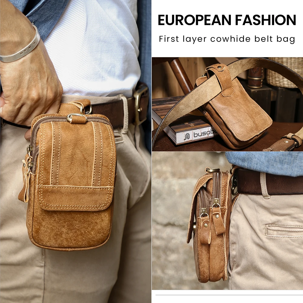 Real Leather men Casual Design Small Waist Bag Cowhide Fashion Hook Bum Bag  Waist Belt Pack Cigarette Case 5.5 Phone Pouch 1609 - AliExpress