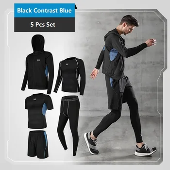 

5 pcs set Quick drying workout top pants set Knit high stretch tight fitness GYM yoga top bra pants set Men sports clothing set