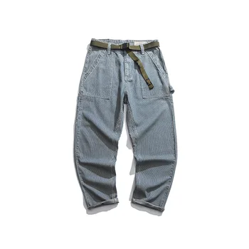 

men Vintage washed stripe baggy denim pants streetwear retro cargo jeans with belt