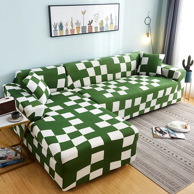 Elastic Plaid Sofa Cover Set Spandex Geometric Print Sectional
