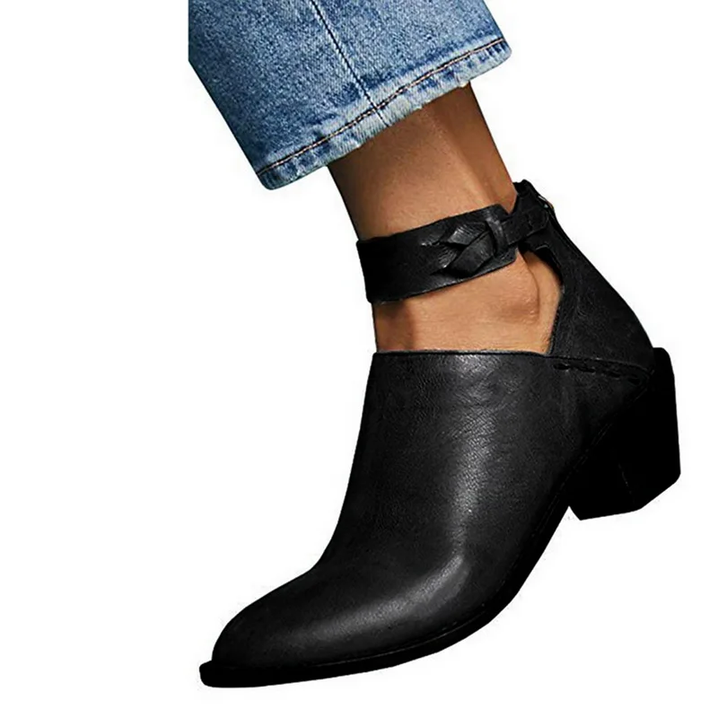 

Womens Cut Out Booties Buckle Strap Back Zipper Leather Stitch Ankle Boots Short Boots For Buckle Shoes Ladies