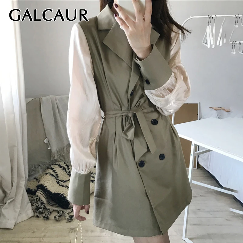 

GALCAUR Patchwork Autumn Bowknot Dress For Women Lapel Collar Long Sleeves High Waist Lace Up Korean Dresses Female 2019 Fashion