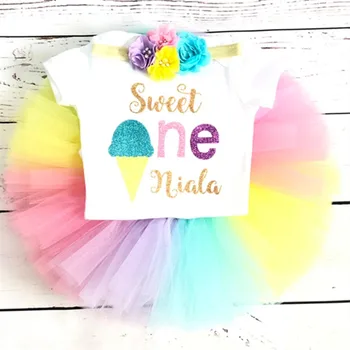 

Personalised ice cream baby girl first Birthday outfit Custom Name Age any Character Baptism bodysuit tutu set cake smash