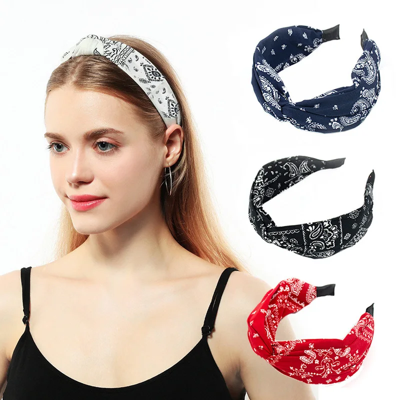 

Fashion Wide Center Knotted Hairbands For Women Vintage Printing Bow Bezel Headband Girl Cloth Hair Hoop Female Hair Accessories