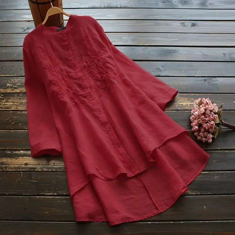 S 5XL ZANZEA осенние Рубашки Vestido Женская Повседневная Блузка с длинными рукавами однотонная вышитая хлопковая Туника Топы Famele Chemise Blusa - Цвет: Красный