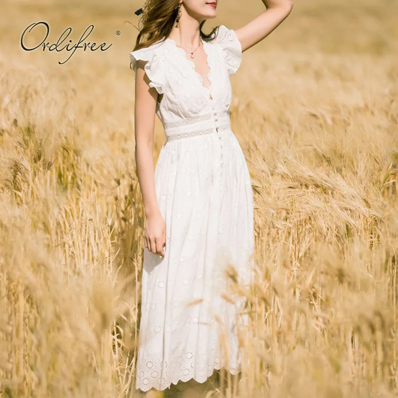 

Ordifree 2022 Summer Women Vintage Long Embroidery Dress Sexy Sleeveless White Lace Ruffle Maxi Tunic Beach Dress