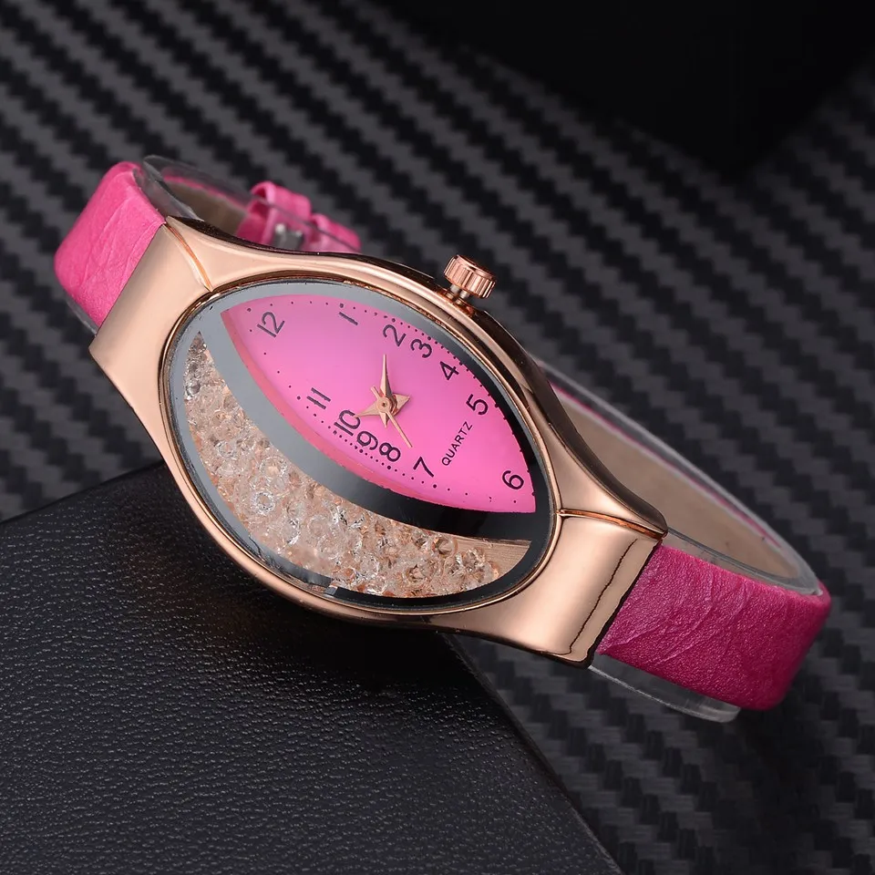 Women Fashion Luxury Watch Leather Strap Women Bracelet Clock Ellipse Rhinestone PU Sport Quartz Watch Wrist Watches For Women