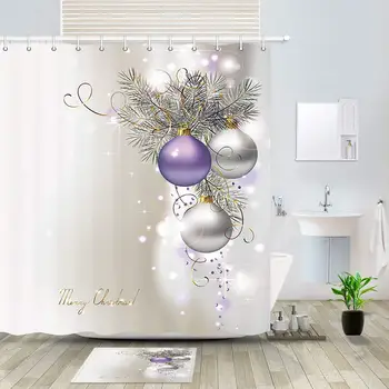 

Merry Christmas Xmas Balls and Ribbons Pine Leaves Polyester Bathroom Curtain