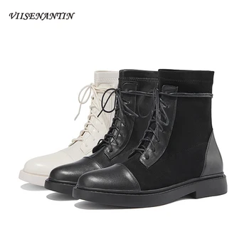 

Spring Autumn New Retro Soft Leather Short Boots Female British Style Round Toe Flat Ankle Boots Women Lace Single Boots