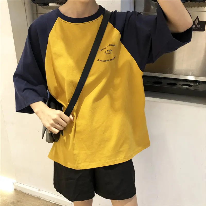 Women 5 Quarter Short Raglan Sleeve T-shirts Casual Patchwork Loose PopularO-neck Lazy Korean Style Simple Vintage584_voghion.com