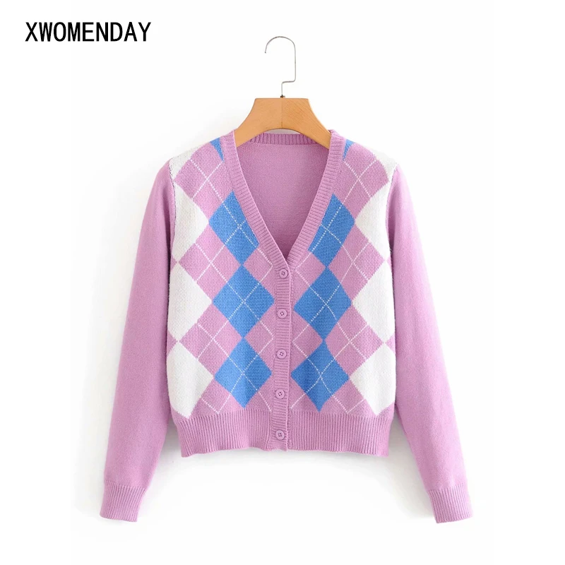 

Vintage Knitted Cardigan Sweater Womens Fashion Geometric Rhombic Long Sleeve Tops 2020 Autumn Warm Chic England Style Outerwear