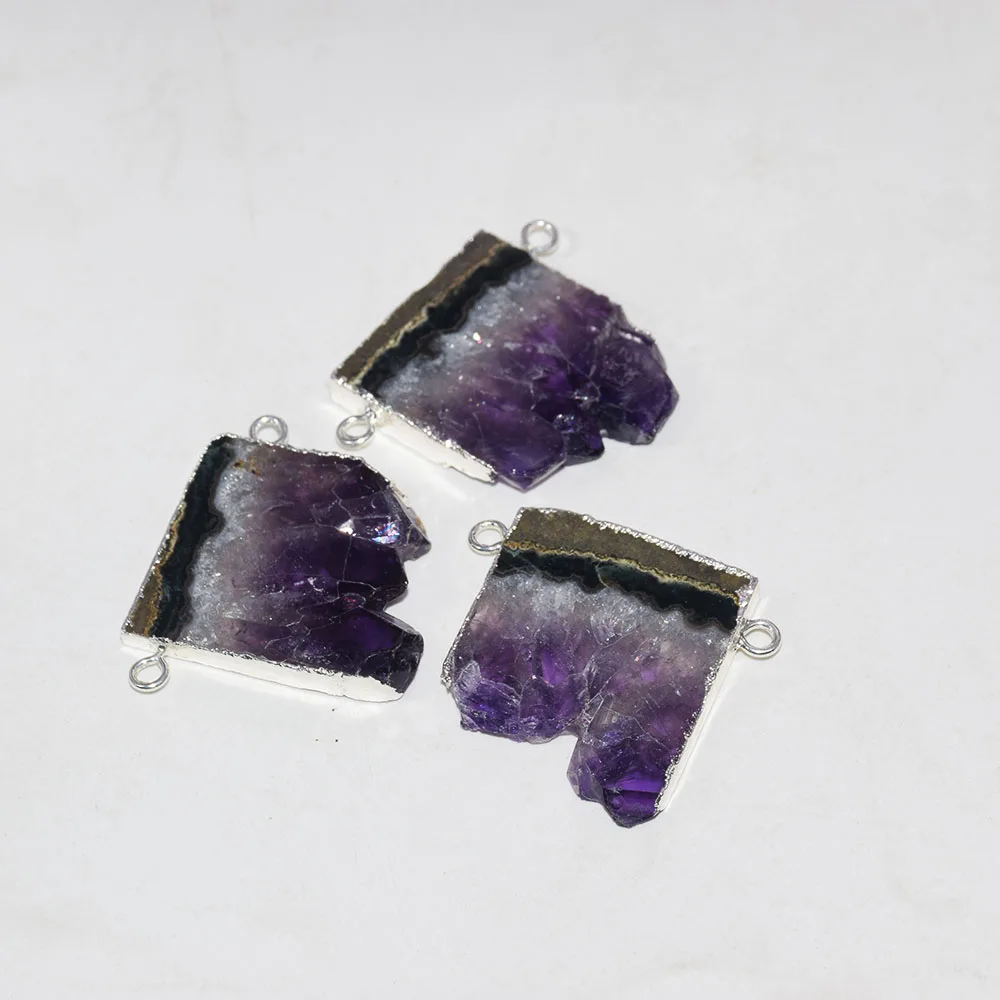 Натуральный срез Geode Druzy Кулон для ожерелья 2 петли необработанный фиолетовый кристалл Кварцевый прямоугольник кластер кулон аметисты женский