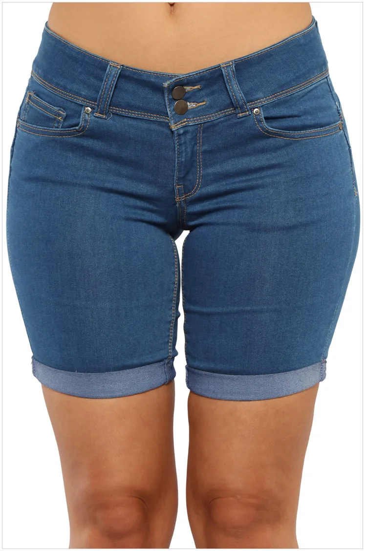 Europe And America Medium Waist Large Size Blue Knee-length Denim Shorts Women's Waist Slimming Straight-Cut Crimping WOMEN'S Je