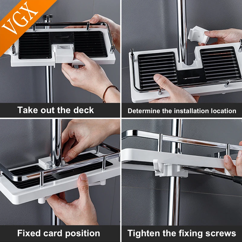 storage rack shower shelf bathroom storage shelf storage shelf bathroom shelf bathroom accessories toilet shower rack shower rack VGX Bathroom Rod Shower Storage Shelf Rack Holder Organizer With Hooks Hanging Basket Shelves for Toilet Bathroom Accessories