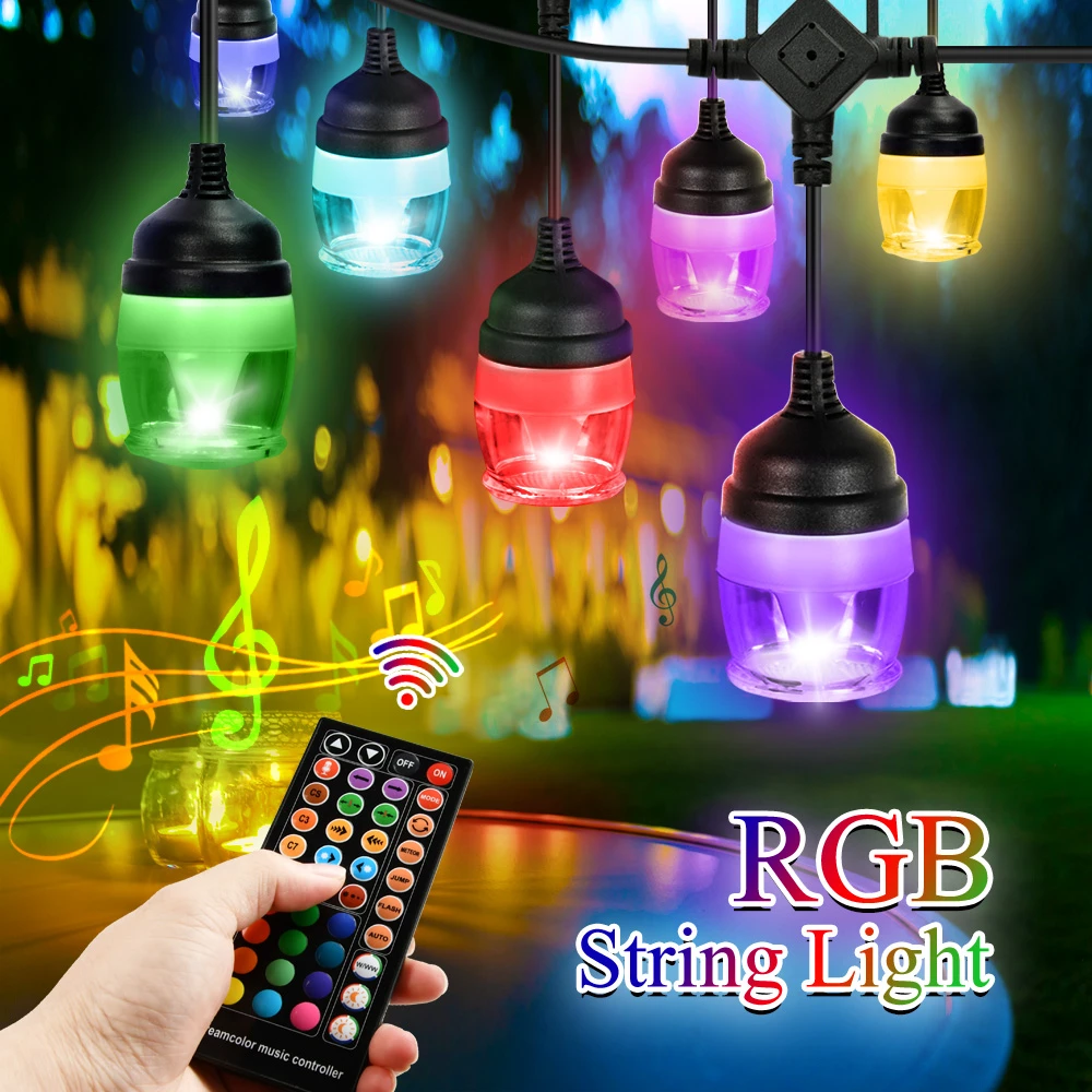 backyard string lights 38FT 12Bulbs RGB LED String Lights IP65 Waterproof Outdoor String lights With Remote Control  Garden Patio Holiday Lighting Deco warm white fairy lights