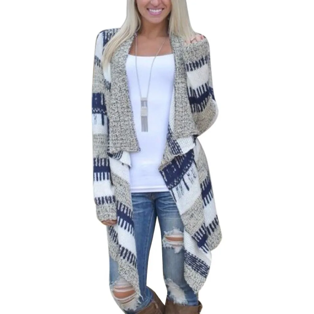 

Feitong Women Sweater Casual Long Sleeve Cardigan Autumn Striped Loose Outwear Cardigans jumpers sweater mujer