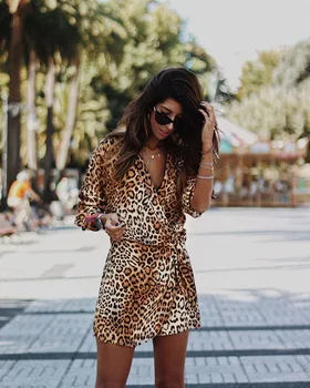 

Sexy V Neck Casual Comfortable Woman Dress Nice Spring Summer Leopard Print A-Line Boho Short Dresses Sexy Vestido