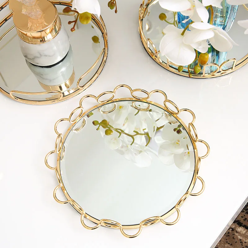 Golden Stroke Storage Tray Nordic Glass Mirror Cosmetic Plate  Desktop Jewelry Display Trays Dressing Table Decoration Ornaments 5