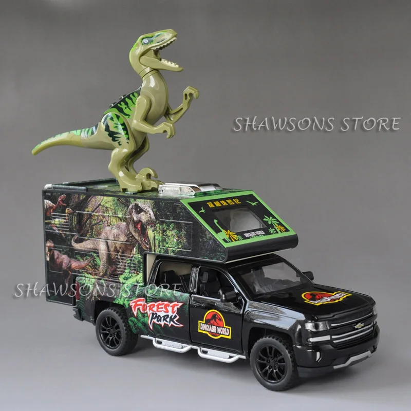 

1:32 Diecast Model Toys Jurassic Age Rescue Car Pickup Truck Camper Van Pull Back Sound & Light w/ Dinosaur Action Figure