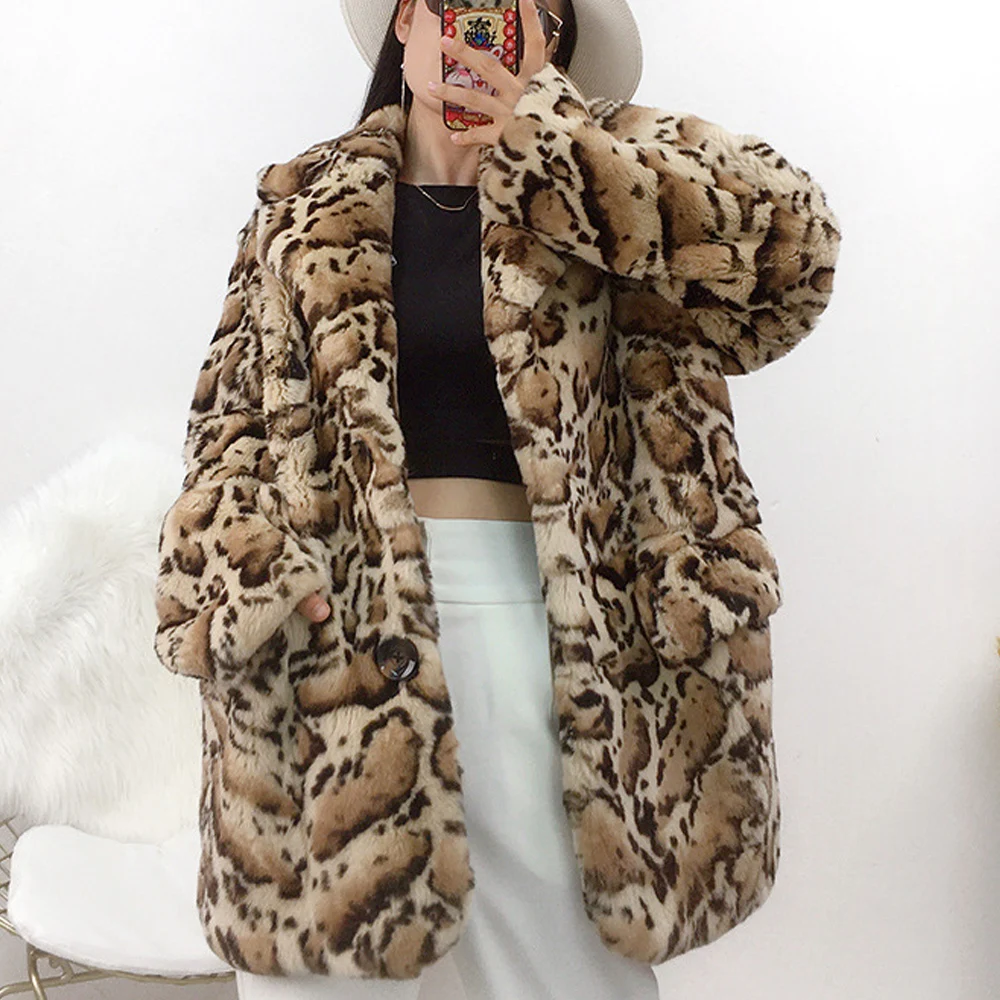 

2020 autumn and winter new fur imported rex rabbit fur coat female suit collar leopard print European and American big brands