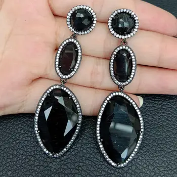 

Faceted Black Cat's Eye oval Cz pave Gunmetal Stud Earrings hyperbole party for women