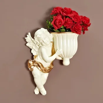 

European style angel wall pendant novelty resin crafts angel hug the flower vase wall decorations