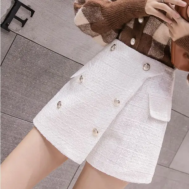 Твидовые широкие шорты с пуговицами, юбки, Осень-зима, женские модные шорты в стиле ампир, расклешеные шорты для девочек, штаны BH6197 - Цвет: White