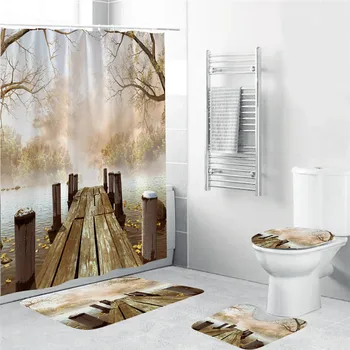 

Bath Mats Wood Bridge Printed Bathroom Shower Curtain Waterproof Bath Curtain Sets Toilet Cover Mat Non-Slip Bathroom Rug Set