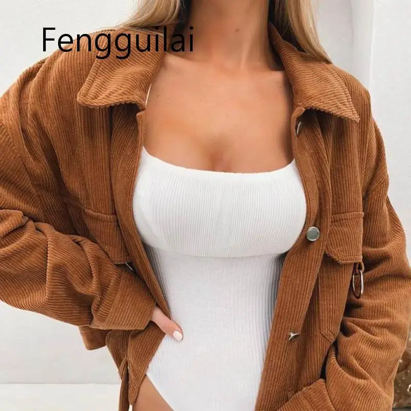 Winter Jacket Women Corduroy Coats Outerwear Belt Decoration Long Sleeve Breasted  Black Khaki Casual Female Short Jackets