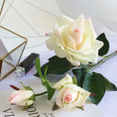 6 предмет в комплекте! Hi-Q real touch 3 головки искусственные розы цветы свадебные декоративные увлажняющий Войлок 87 см длинная ветка/Стволовые латексные розы - Цвет: pink - white