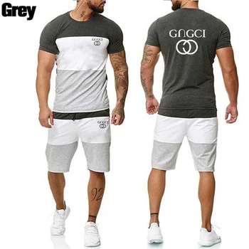 

Men's fashion logo summer new sports and leisure men's T-shirt + shorts suit stitching casual shorts suit men's short sportswear