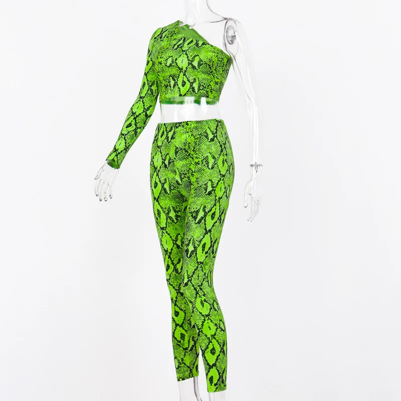 HAOYUAN Neon Snake Print Two Piece Set Women Tracksuit One Shoulder Crop Top Pant Suits Sexy 2 Piece Club Outfits Matching Sets