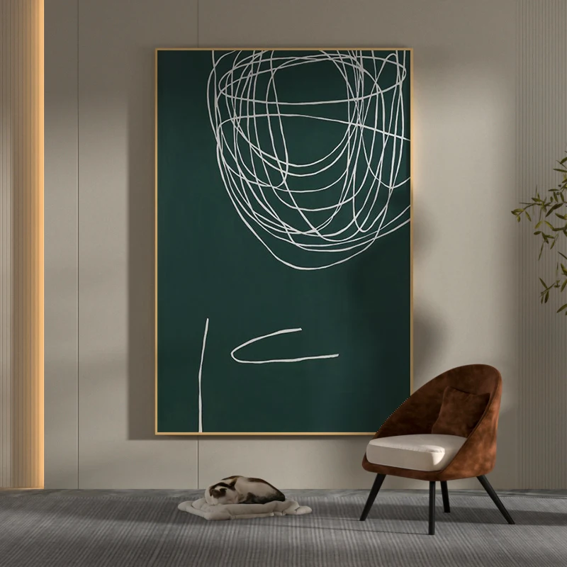 

Hand Painted Abstract Painting On Canvas Minimalist Painting Large Wall Art Oversize Original Painting White Line On Dark Green