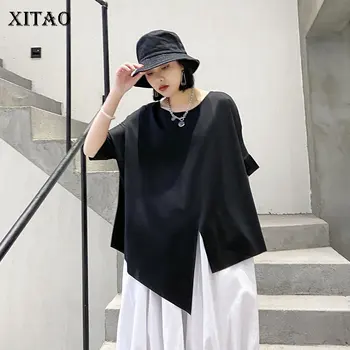 

XITAO Fashion Loose Plus Size Tshirt Irregular Split Hem O Neck Trend Women Tops Wild Simple Women Clothes 2020 Summer DMY4672
