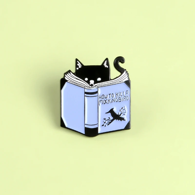 

How to Kill A Mockingbird Reading Cat Pins Cartoon Black Witch Cat Animal Literary Masterpiece Soft Enamel Brooches Lapel Pins