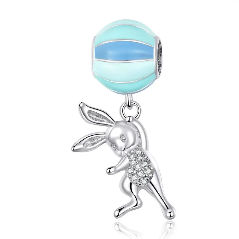 

Authentic 925 Sterling Silver Beads Blue Enamel Balloon Flying Rabbit Charms fit Original Pandora Bracelets Women DIY Jewelry