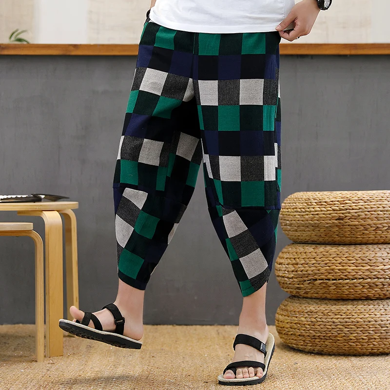 Summer Men's Cotton Linen Shorts Harem Pants Elastic Waist Wide Leg Pants Vintage Plaid Printed Trousers Male Loose Pantalon 5XL best casual shorts for men Casual Shorts