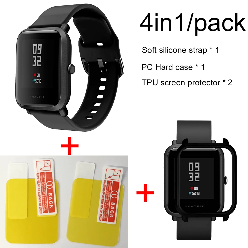 4в1 силиконовый ремешок спортивный браслет чехол для Xiaomi Huami Amazfit Bip BIT умные часы аксессуары - Цвет: Black-black case