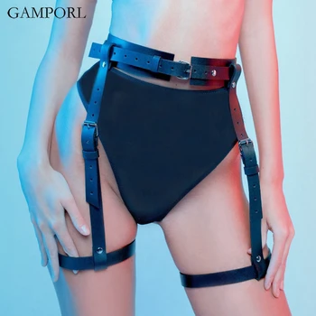 

GAMPORL Sexy Harajuku Handmade Women Leather Goth Garter Belt Eing With 2 Suspenders Straps Detachable O-Ring Leg Harness Fetish