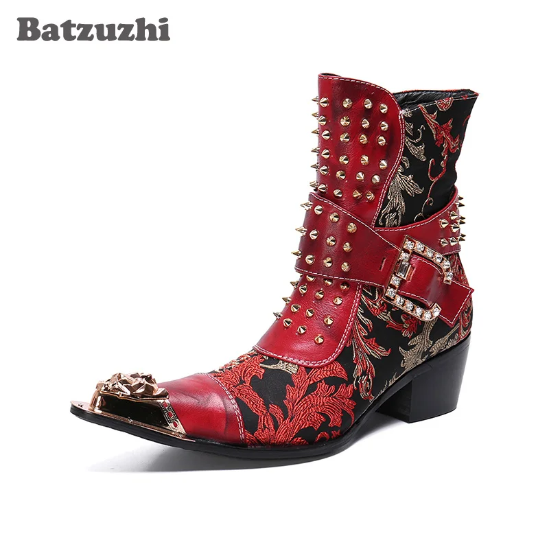 

Batzuzhi Rivets Cowboy Ankle Boots Men Western Boots Men Punk Motorcycle Boots Men Party and Wedding Botas Hombre Metal Tip