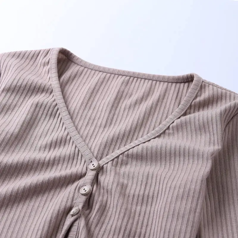WannaThis комплект из 2 предметов, Женский однотонный топ с v-образным вырезом и длинным рукавом и штаны, весенний мягкий женский повседневный комплект с разрезом спереди и пуговицами