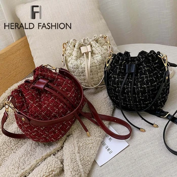 

Herald Fashion Wool Bucket Bag Women Plaid Shoulder Bag Ladies Winter Bag Small Crossbody Bag Female Solid Color Bag Handbag
