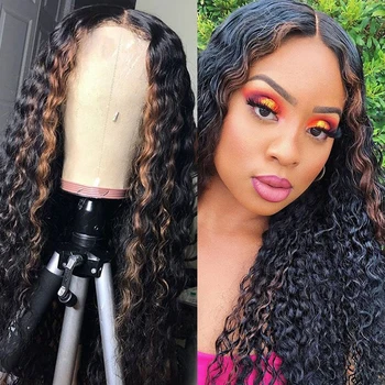 

1B 27 Honey Blonde Highlight 360 Lace Frontal Human Hair Wigs Curly Ombre Colored Remy Pre plucked Closure Wigs For Black Women