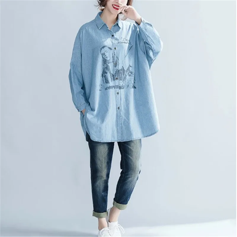 

Floral Denim Blouse Women Plus Size Long Sleeve Loose Autumn Shirts Blouses Embroidery Tops For Blusa Feminina 4XL 5XL Clothes