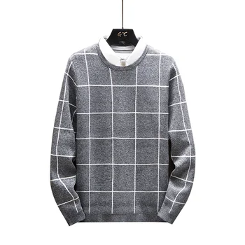 

Winter Faked Two Pieces Thick Warm Sweater Men Turn Down Collar Sweaters Slim Fit Pullover Men Plaid Knitwear 3XL