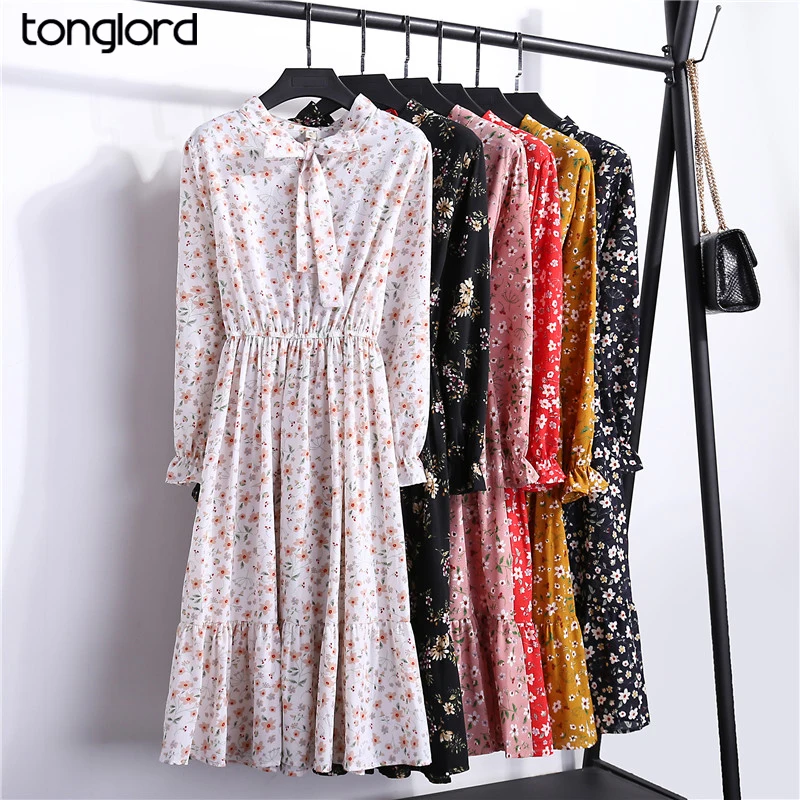 

Chiffon High Elastic Waist Spring Summer Dress Bow A-line Women Full Sleeve Flower Print Floral Bohemian Dresses Slim Feminino